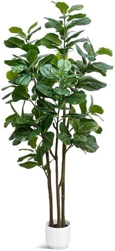 Faux Fiddle Leaf Fig Tree, 6ft Faux Plant Fake Ficus Silk Trees with White Planter, Artificial Fig Trees Floor Plants for House Office Living Room Indoor Home Decor (Fiddle Leaf)