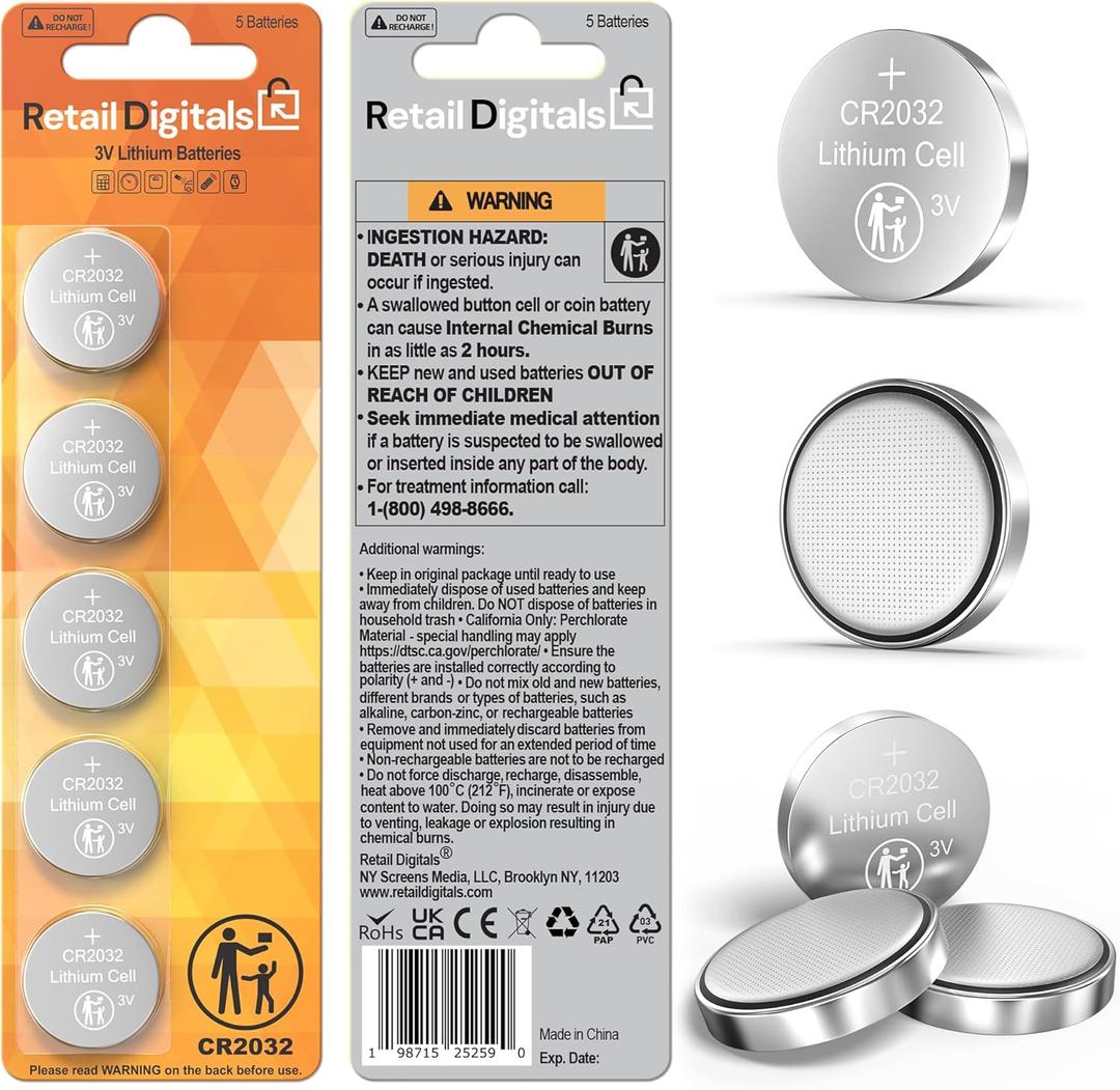 CR2032 3V Premium Lithium Battery | 5-Pack | Child-Proof Package  240 mAh | AirTag Compatible CR2032 3V Coin Batteries