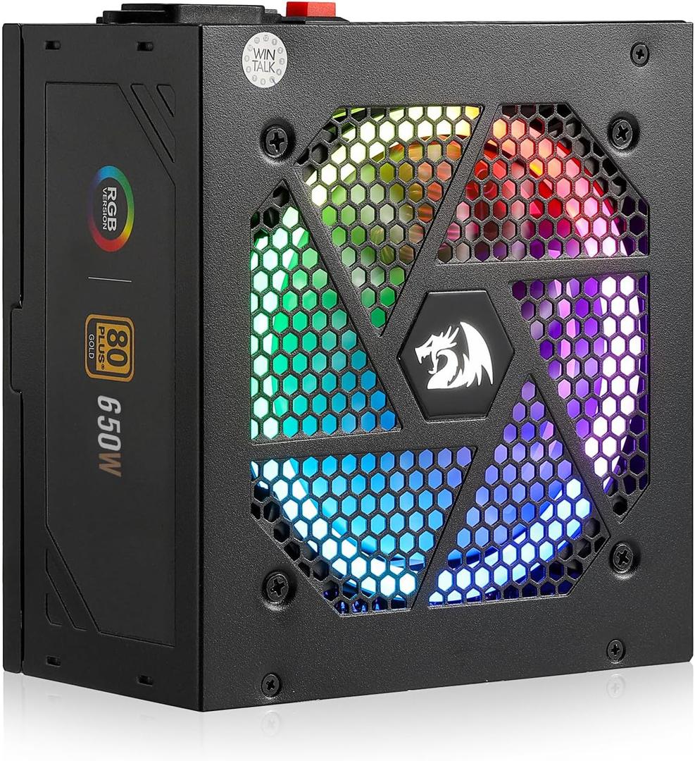 Redragon RGPS-650W 80+ Gold 650 Watt ATX Fully Modular Power Supply w/ 80 Plus Gold Certified, Compact 160mm Size & RGB Low Noise Smart-ECO 0 RPM Fan, 100% Japanese Capacitors, Full Mod Cables, Black