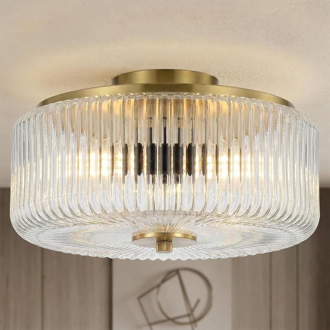 AUQUEE 3-Light Gold Flush Mount Ceiling Light, 11.8" Modern Hallway Light Fixtures Ceiling Mount with Ribbed Clear Glass Shade, Bright Close to Ceiling Lamp for Bedroom/Kitchen/Entryway/Dining Room, 11.8inch Full Flush