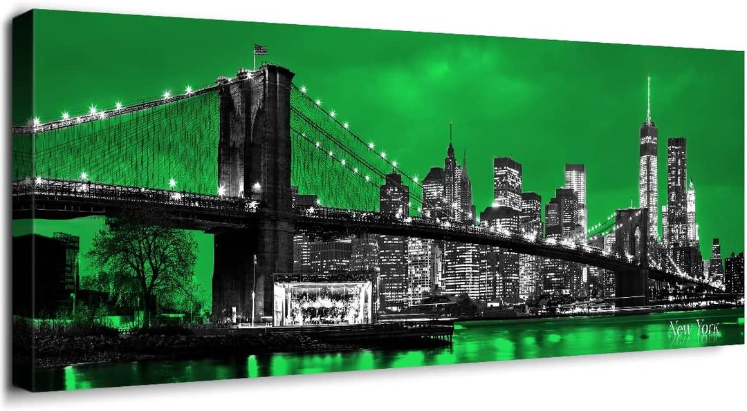 Canvas Wall Art Green sea New York Brooklyn bridge paintings Wall Art Black and White Stretched Wall Art for Bedroom Artwork Canvas Art Prints 12"x36" Wall Decor Painting Office Ready to Hang