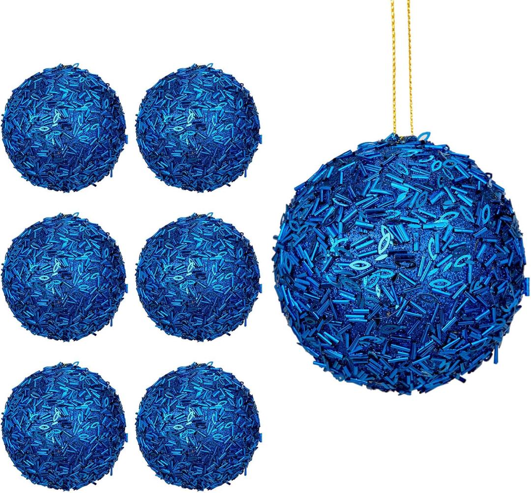 6 Pcs 4" Sequin Ornaments,Glitter Christmas Ball Ornaments, Sparkle Christmas Ornaments, Christmas Ornaments Tree Decorations Blue Christmas Hanging Ball for Holiday Indoor Outdoor Decor