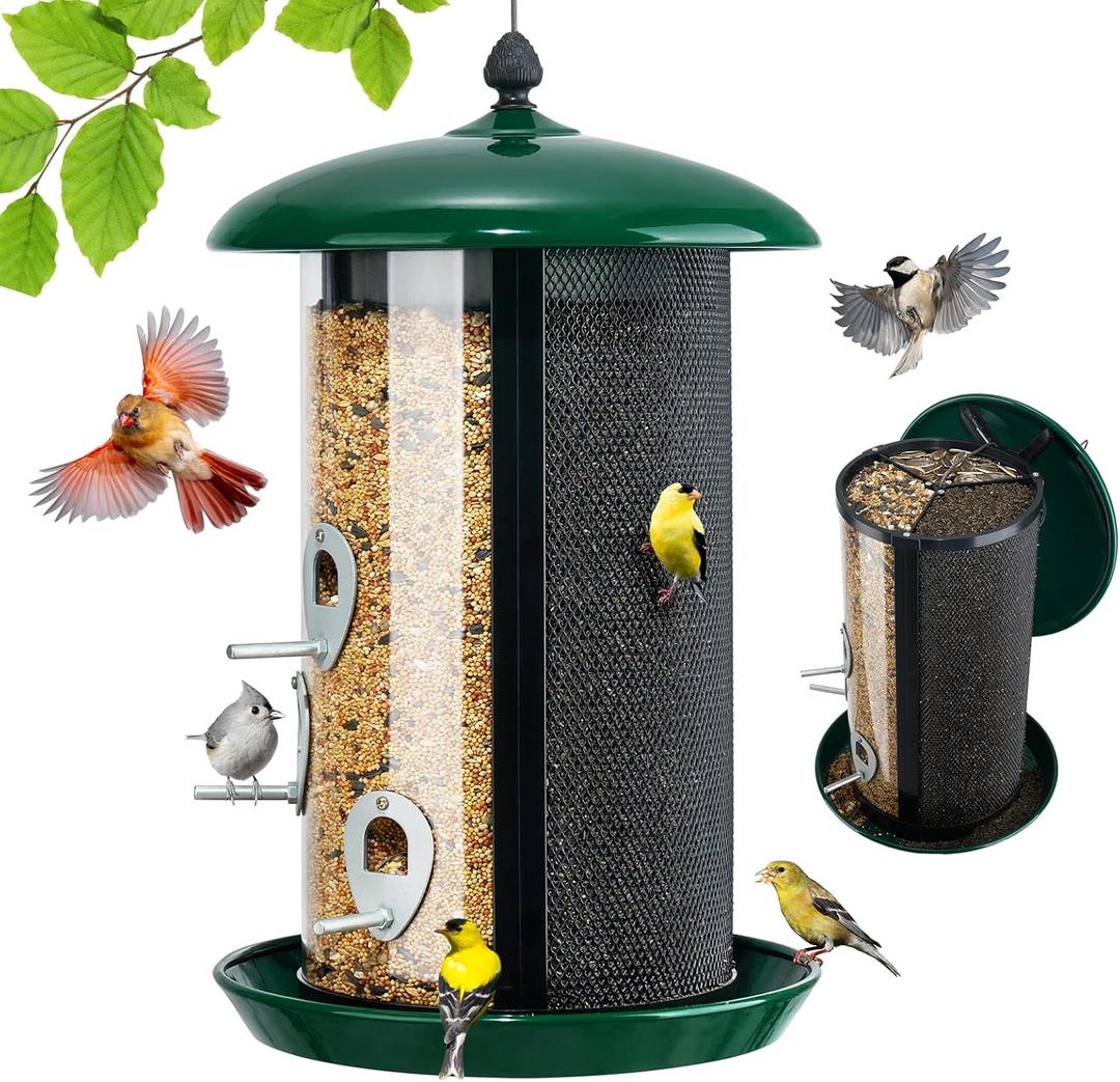 Veehoo Hanging Bird Feeder for Outdoors, 3 in 1 Large Capacity Metal Mesh Tube Bird Feeder for Thistle Nyjer Peanut, Wild Triple Finch Cardinal Feeders 6 lbs Seed Capacity for Outside