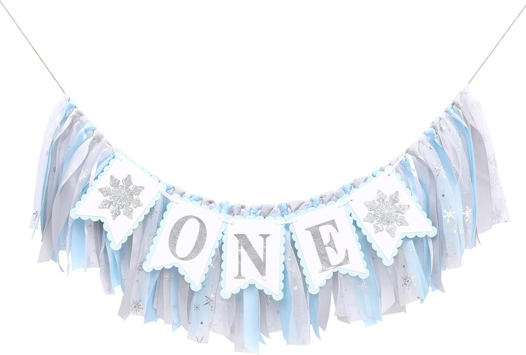 Snowflake Themed High Chair Banner - Winter Wonderland 1st Birthday Girl Decoration Highchair Garland For Baby Shower Party Decorations Photo Props (Blue)