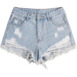 SOLY HUX Women's Ripped Raw Hem Jean Shorts High Waisted Straight Leg Denim Shorts Streetwear (Blue)