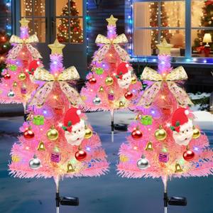 4 Pcs Solar Christmas Tree Pink, Outdoor Christmas Decorations, 80 LED Waterproof Solar Christmas Lights, Multicolor Xmas Tree Lights for Outside Holiday Pathway Yard Garden Patio Cemetery Decor