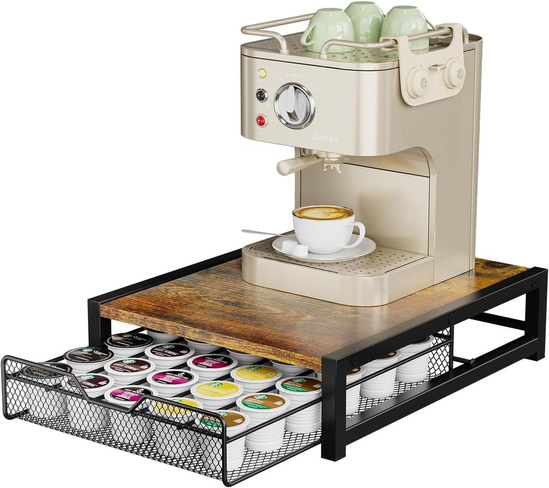 KLM Coffee Pod Holder for Keuring K-Cup,Rustic Brown Counter Storage Organizer with Sliding Drawer,Holds 35 Pods,No Assembly Required.
