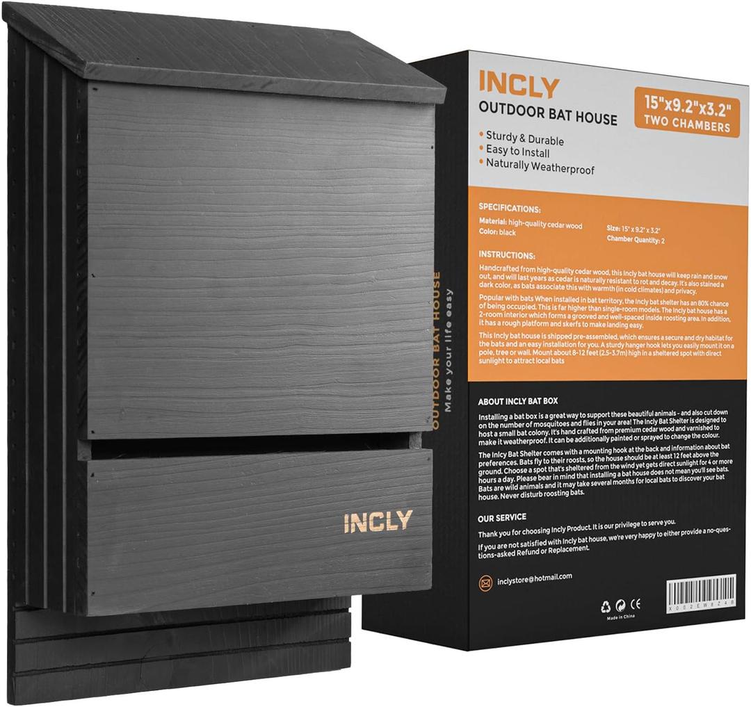 INCLY Bat House for Outdoors 15"x9.2"x3.2" Shelter Box Kit Double Chamber Black Natural Cedar Wood, Pre-Finished Easy to Install