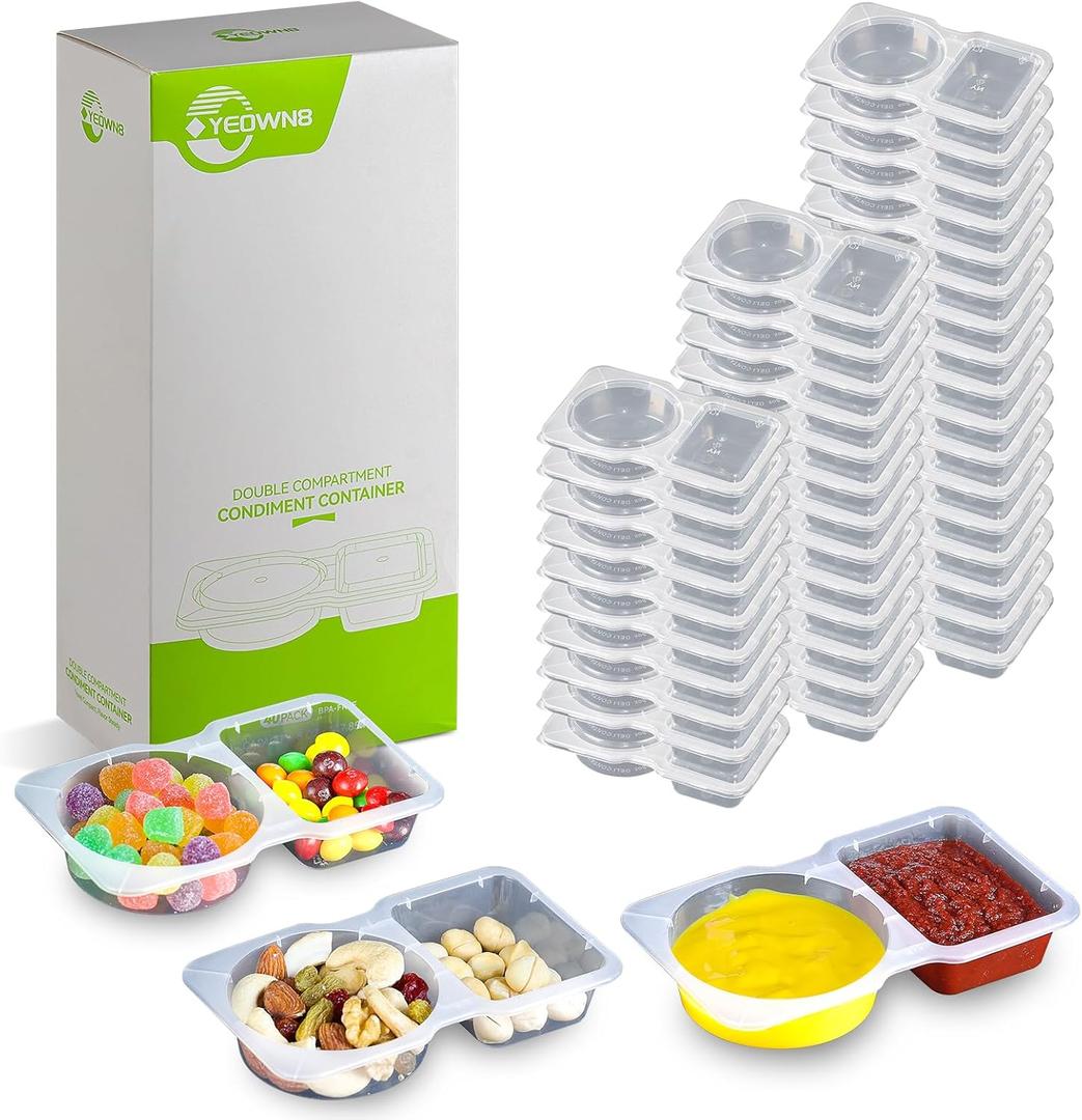 10 Sets Double Compartment Condiment Container with Lids, Disposable Plastic Snack Containers, Sauce Containers for Take-out Sauce, Salad Dressing, Sampling, Travel Snack