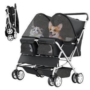 Double Pet Stroller for 2 Dogs & Cats, Side-by-Side, Black