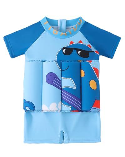 Toddler Floatation Swimsuit Boys, One Piece Float Suit with Built-in Floats, Cute Dino Shark Floating Swim Suit, UPF 50+ Floatie Bathing Suit, Blue Dinosaur 3-4 T