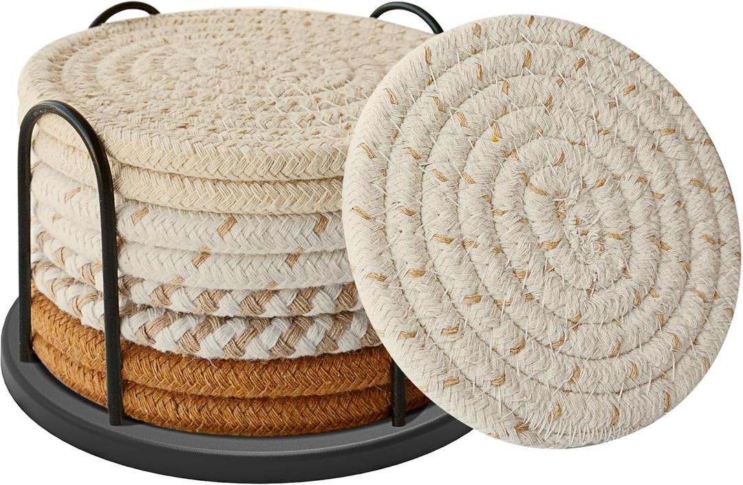 Coasters Set of 8 for Drinks, Beer, Coffee, Cotton Woven 4 Colors Absorbent Coaster with Holder, Boho Coasters for Home Decor Tabletop Protection Suitable for Kinds of Cups, Coffee