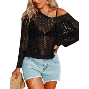 AI'MAGE Womens Crochet Tops Long Sleeve Hollow Out Swim Cover Up 2025 Beach Bikini Swimsuit Summer Tunic Top (XX-Large, Black)