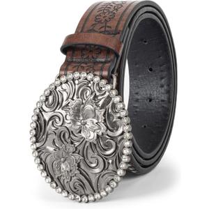 INOGIH Womens-Vintage-Western-Leather-Belt Rhinestone-Cowboy-Cowgirl Belt with Diamond Flower-Buckle for 28"-38" Waistline