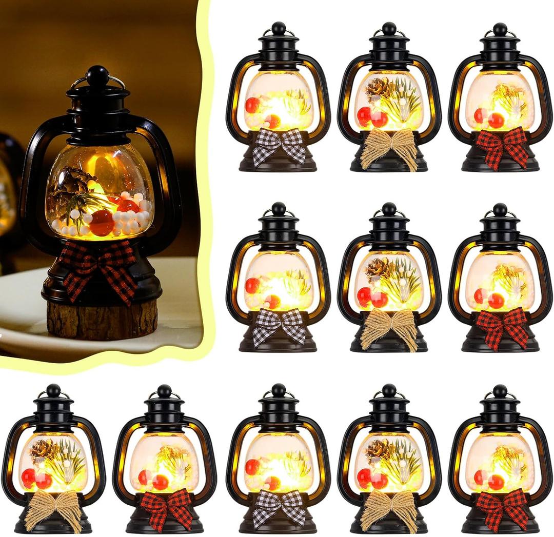 ROCEEI 12 Pcs Mini Christmas Lantern with Pine Cones, Berries, Pine Branches Flickering LED Candles Vintage Christmas Lantern with Bow Tie Ornament Hanging Candle Lantern Table Centerpiece for Xmas