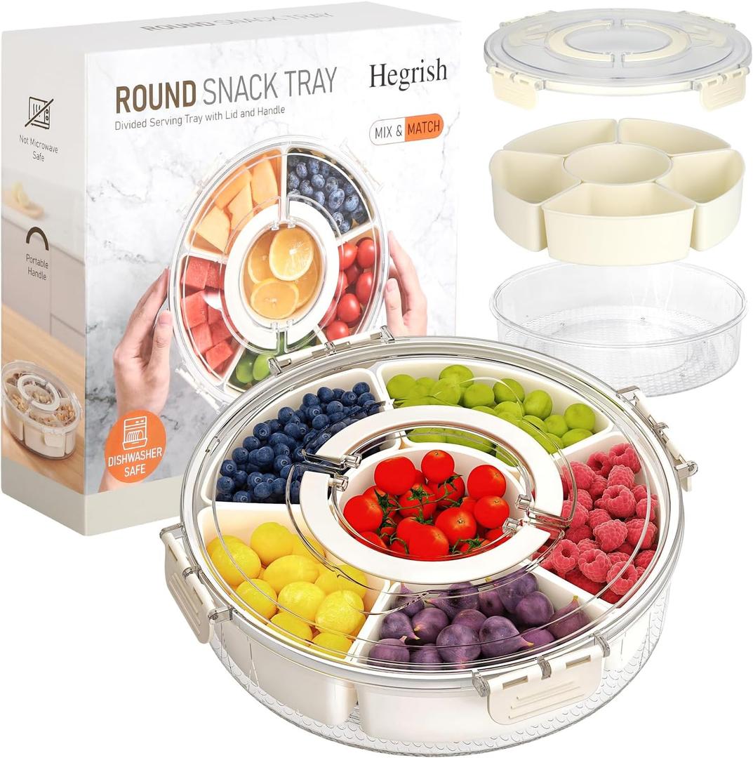 Small Divided Rotating Serving Tray with Lid and Handle,Portable Snackle Box Container,Spinner Organizer and Storage for Adults,Child,Fruits,Candy,Nuts,Veggie,Charcuterie,Snacks,Picnic,Travel, Party (White)