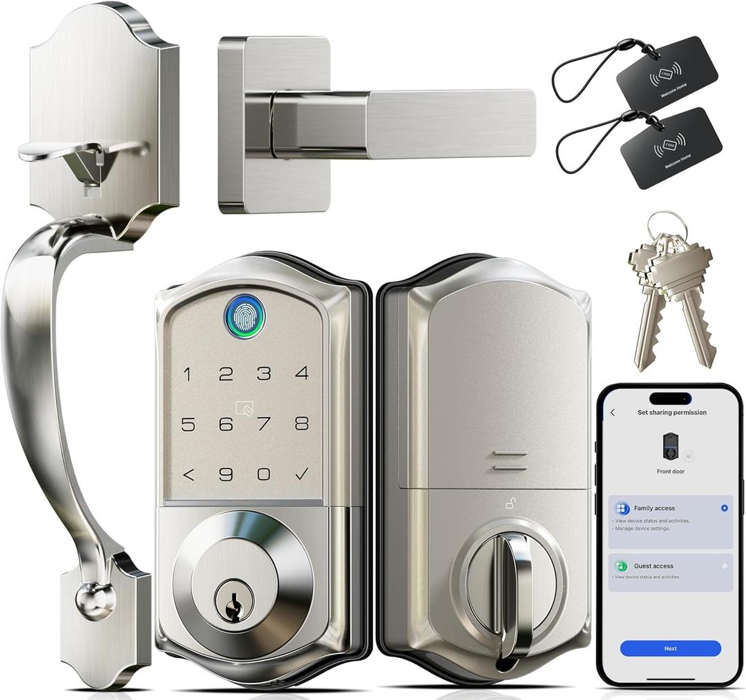 Veise VE017-H Fingerprint Smart Front Door Lock Set, App Control, Keyless Entry Deadbolt with Handle, Smart Deadbolt, Emergency Power Port, Touchscreen Keypad, Auto Lock, Easy Install, Satin Nickel