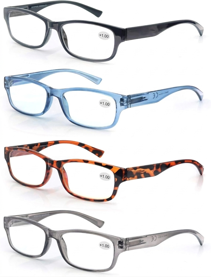 MODFANS 4 Pack Plastic Frame Spring Hinges Reading Glasses Vintage Quality Comfort for Men and Women +1.00