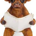 Highland Cow Figurine for Reading Newspapers Highland Cow Bathroom Decor Highland Cow Statue, Highland Cow Gift for Women,Highland Cow Christmas Decor Garden Kitchen Decor(Brown-Read Book)