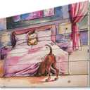 Brown Dog Looking Under the Bed - Farmhouse Print on Natural Pine Wood,Pink (30L" x 40W")