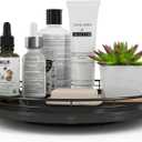 13" Oak Bathroom Vanity Tray Turntable for Perfume Candle, Round Wooden Decorative Tray for Kitchen Sink Countertop Organizer, Bathroom Counter Organizer for Skincare Makeup, Farmhouse Black Gold