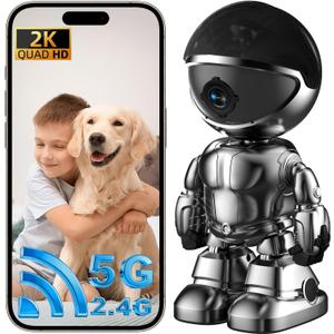 Indoor Camera Robot 2K,5G/2.4Ghz WiFi Robot Cameras for Home Security,360 PTZ Nanny Cam Dog Cam with Audio/Video Compatible with Alexa &Two-Way Talk,Pet Baby Camera with Human Detection Night Vision (silver)