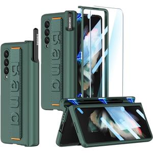 for Samsung Galaxy Z Fold 3 Case with Wrist Strap & Screen Protector & S Pen Slot,Magnetic Hinge Protective Bumper Case Ultra Slim Shockproof Anti-Scratch for Samsung Z Fold 3 5G (Green)