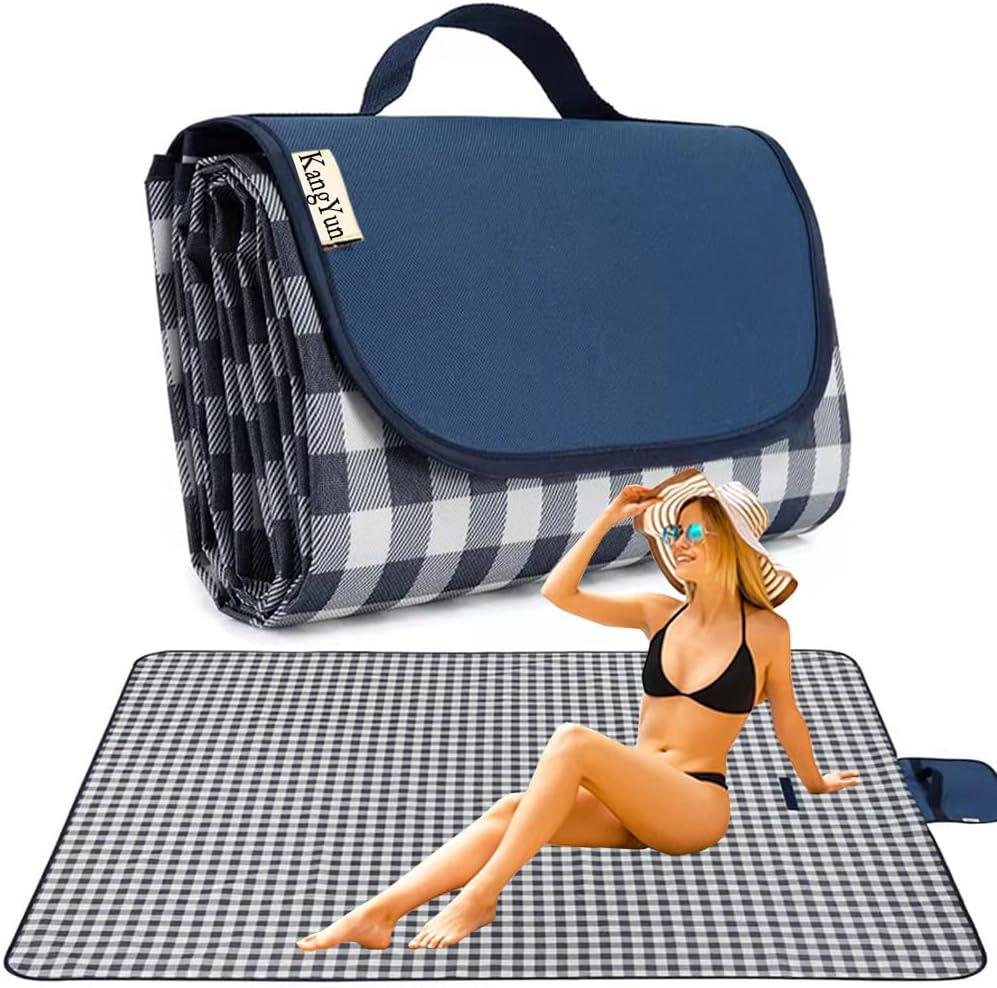 K Y KANGYUN Outdoor Picnic Blankets 80" x 80", Extra Large Beach Blanket, Foldable Lightweight Waterproof Sand Mat, Picnic Blanket for Beach Camping Hiking Park Patio (Dark Blue, 80x80 inch)