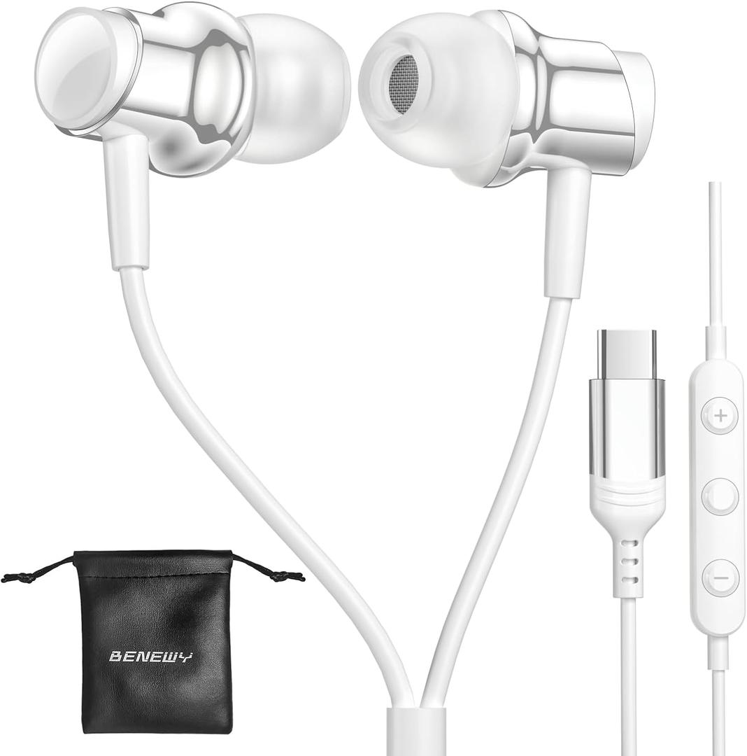 USB C Headphone for Samsung S25 S24 S23 Ultra FE S22 A55 A54 Wired Earbuds Magnetic in-Ear Type C Earphone with Mic Volume Control Stereo Noise Canceling Earbud for iPhone 17 Air 16 15 Pro Max Pixel 9 (White)