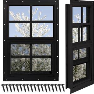 Shed Windows 2 Pack, Chicken Coop Windows 24" x 27" with Tempered Glass and Fiberglass Screen, Flush Mounted Small Window for Shed, Barns, Playhouse, Household, Garage (Black)