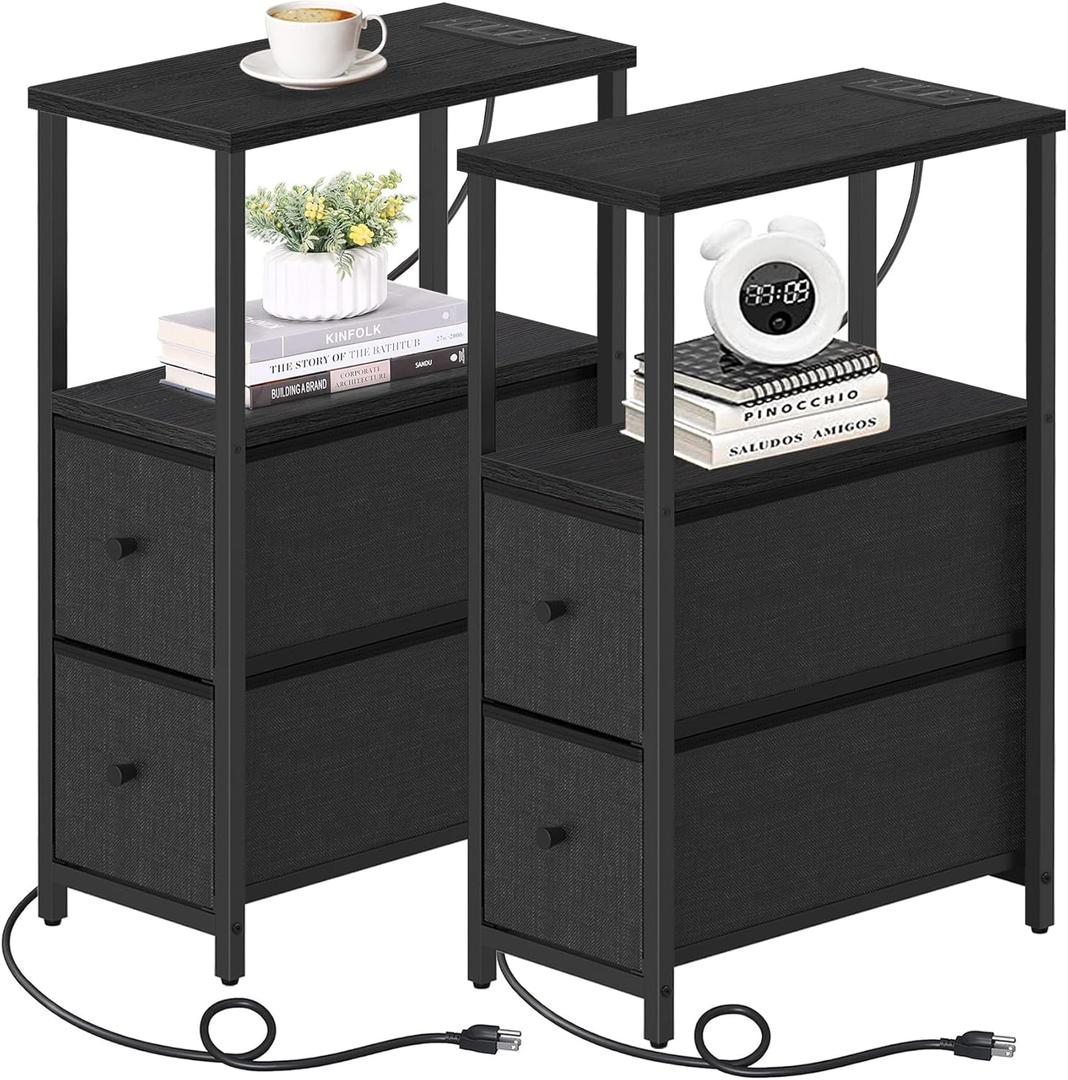 TUTOTAK Small Narrow End Table with Charging Station, Set of 2, Side Table with Outlets, Nightstand with 2 Cloth Drawers, Couch Table, for Living Room, Bedroom, Bedside, Black TB01BK055