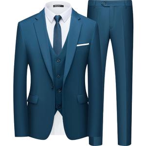 WULFUL Mens Slim Fit Suit One Button 3-Piece Blazer Dress Business Wedding Party Jacket Vest & Pant (X-Large, Teal Blue)