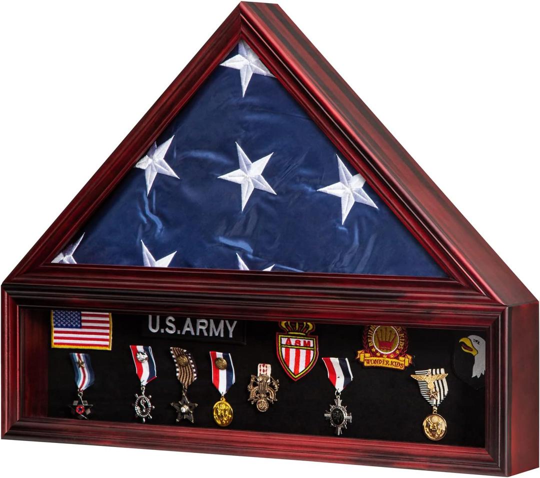 Large Military Shadow Box Solid Wood Burial Flag Display Case for American Veteran Flag Display Fit a Folded 5'x9.5' Flag Military Flag Display Case, Mahogany Finish (5ftx9.5ft flag case Medium)