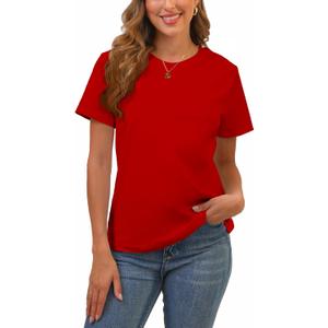 Cotton Basic T Shirts for Women,Crew Neck Short Sleeve Summer Shirts,Solid Loose Fit Tshirt, Plain Workout Tops, Undershirts (Red, XL)