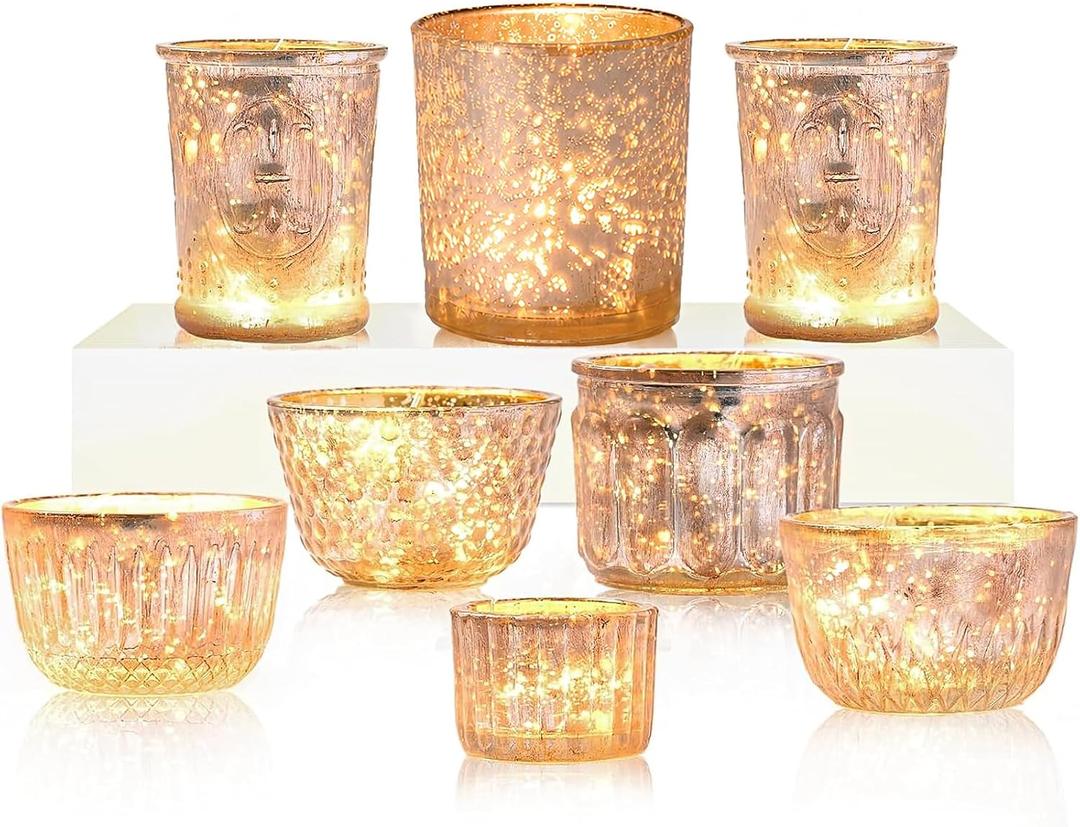 8PCS Gold Mercury Glass Candle Holder, Assorted Mercury Glass