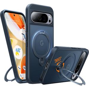 TORRAS 360Spin Magnetic Stand for Google Pixel 9 Pro Case/Pixel 9 Case, 12FT Military Protection, Compatible with Magsafe, Shockproof Translucent Slim Pixel 9 Pro Phone Case with Ring Holder, Black