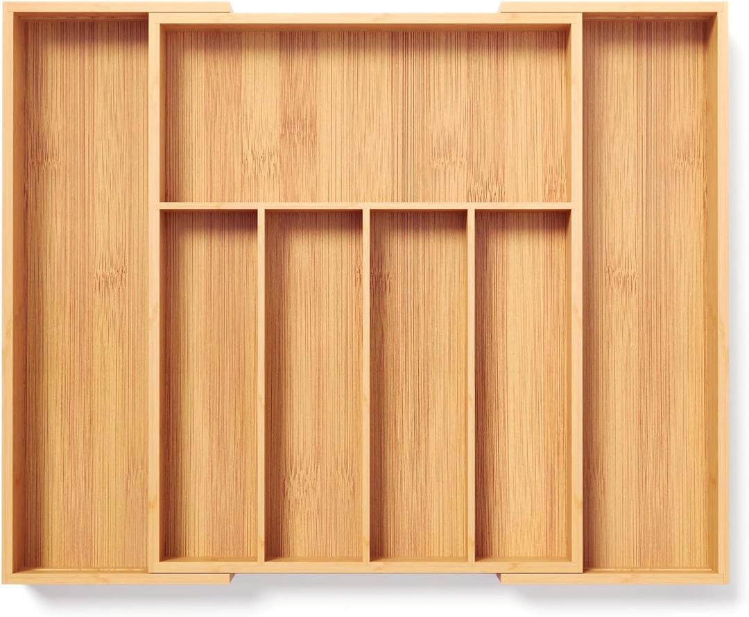 Expandable Kitchen Drawer Organizer,Bamboo Silverware Organizer for Utensils,Adjustable Flatware Tray(16.92 * 13.30~22.83 * 1.96) (Large, Natural)