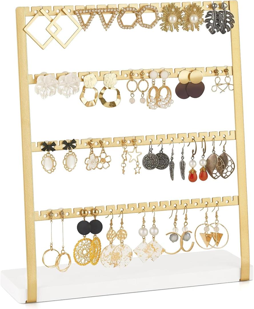 Mkono 4-Tier Earring Holder Organizer Stands Gold Metal Jewelry Display Rack for Hanging 74 Pairs of Earrings and Ear Studs, Gifts for Women and Girls