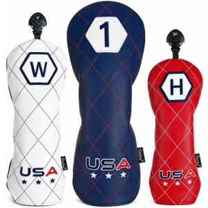 USA Golf Headcovers Set, Driver Head Covers Fairway Wood Headcover Hybrid Head Cover of Hand-Embroidery Techniques,Colors of American Flag, for Men Women Golf Enthusiast (1/3 Pack)