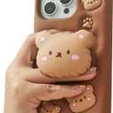 TUFTA Kawaii 3D Teddy Bear Phone Case for iPhone 13 Pro Max (with Retractable Phone Stand & Grip) Cute Girly Cartoon Soft Silicone Phone Cover for Girls, Kids, Teens, and Women, Brown