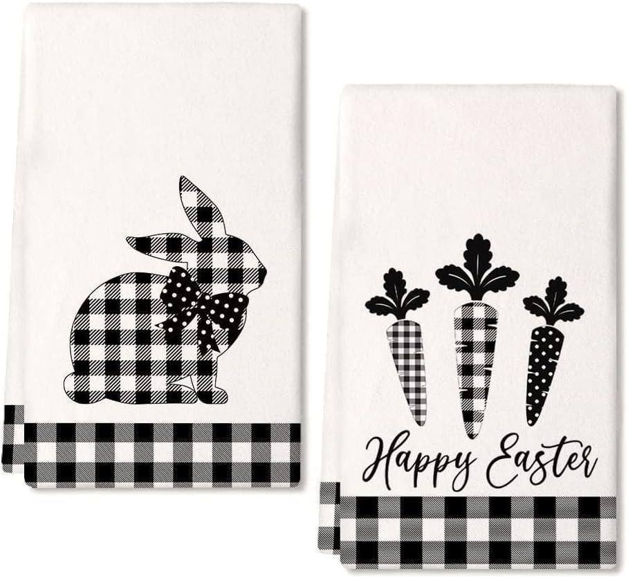 ARKENY Easter Kitchen Towels for Easter Decor Black Buffalo Plaid Check Bunny Dish Towels 18x26 Inch Bar Drying Cloth Carrot Hand Towel for Kitchen Bathroom Party Easter Decorations Set of 2