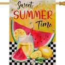 Home Decorative Sweet Summer Time Watermelon House Flag, Lemon Garden Yard Bee Lemonade Outside Decoration, Seasonal Buffalo Plaid Check Farmhouse Outdoor Large Burlap Decor Double Sided 28x40