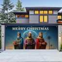 13x6ft Merry Christmas Garage Door Banner Three Kings with Gifts Nativity Star Night Sky Polyester Large Outdoor Decoration for Holiday Epiphany Church School Yard Celebration