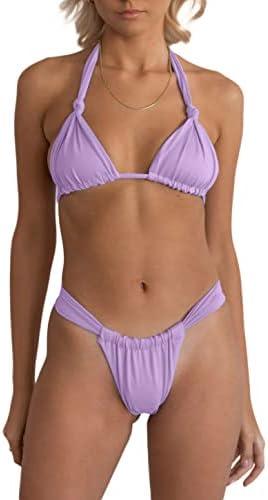 Women Two Piece Swimsuits Halter Triangle String Bikini Sets Sexy Ruched Brazilian Cheeky Thong Bathing Suit size S