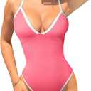 OQQ Women's One Piece Swimsuit Tummy Control V Neck Bathing Suits 2025 Trendy (Large, Fluopink)
