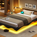 MSmask Floating Twin Bed Frames with LED Lights, Upholstered Platform Bed Frame Twin Size with Type-C & USB Port, Modern Wavy Visual Floating Metal Bed Frame, No Box Spring Needed, Black
