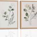2Pcs Framed Wall Art Minimalist Botanical Canvas Plant Wood High-Framed Design Flower Green Eucalyptus Leaf Artworks Prints Poster for Living Room Bathroom Bedroom 16x24in