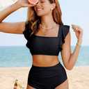 Kate Kasin Womens High Waisted Bikini Sets Ruffle Tummy Control Swimsuits Full Coverage Cheeky Two Piece Bathing Suit (Black, L)