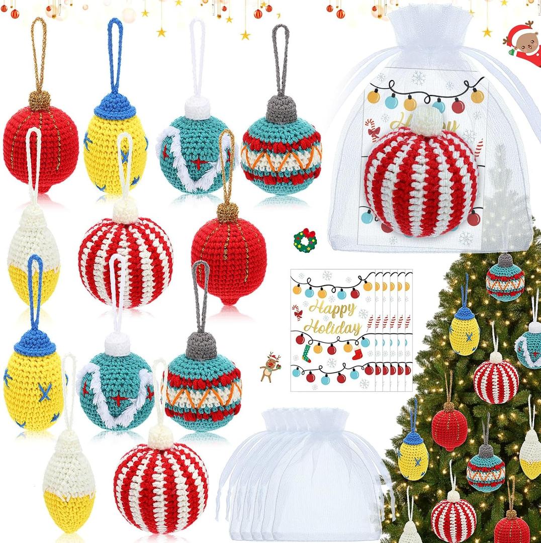 12 Sets Christmas Crochet Ornaments for Tree Decor, Totally Handmade Knitted Christmas Bulb Ball Ornament with Positive Cards and Bags for Xmas Stocking Stuffers and Office Coworker Gifts