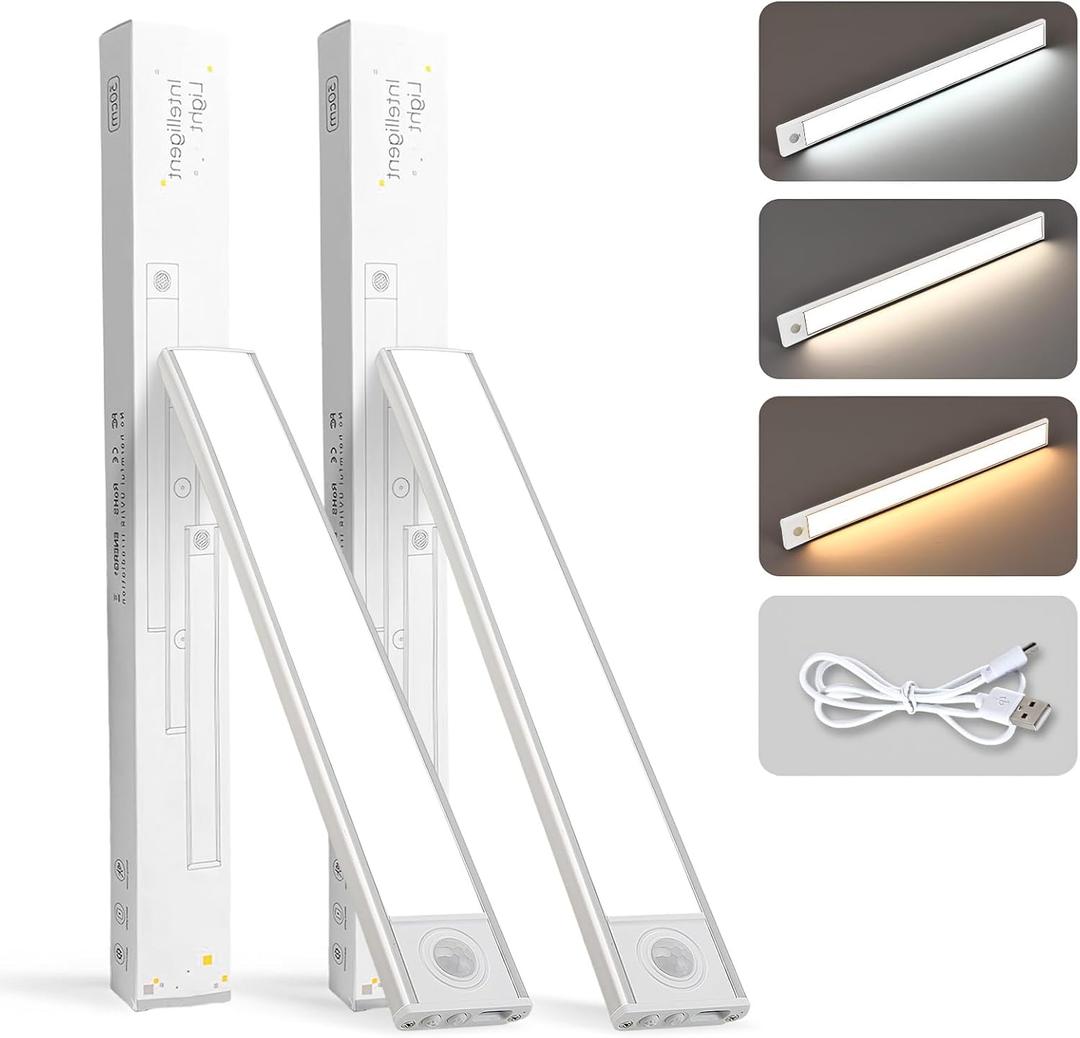 SPOLI Battery Operated/Rechargeable Under Cabinet Lighting with Motion Sensor - Dimmable Magnetic LED Lights for Kitchen, 2Pack Closet Lights Silver 16''